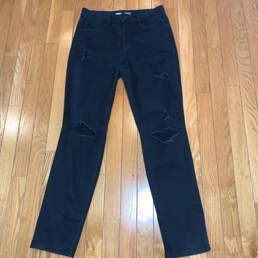 Old Navy Power Straight High Rise Slim Pockets Black Distressed Denim Jeans Sz 6